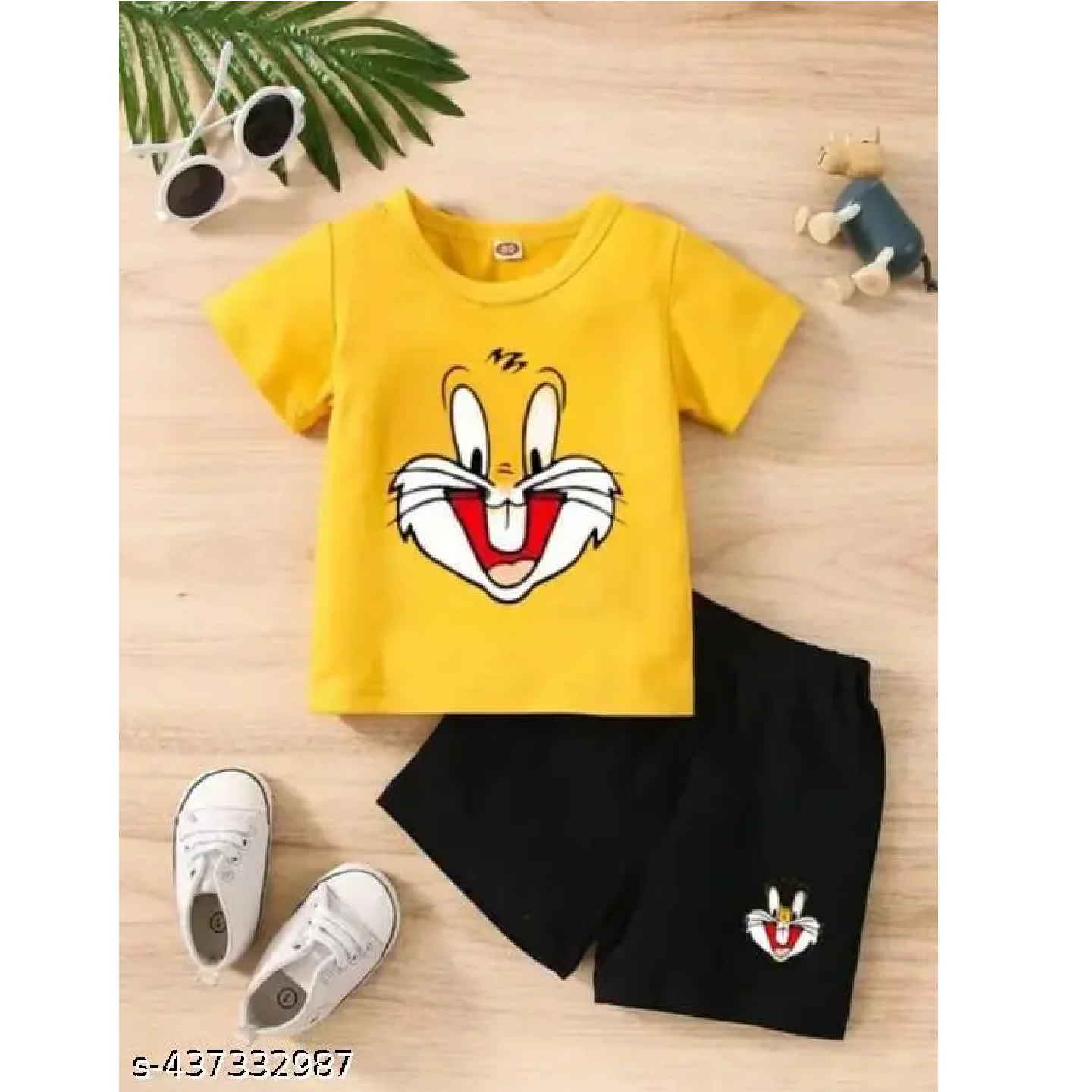 Yellow Black Printed Cotton T-Shirts & Shorts For Kids